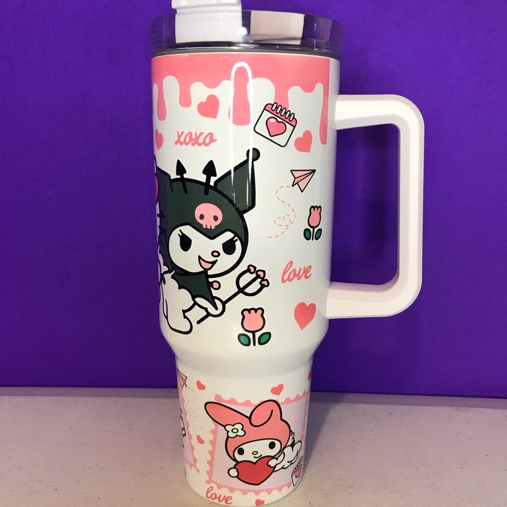 Sanrio Kuromi & My Melody Pink and White Travel Mug with Handle
